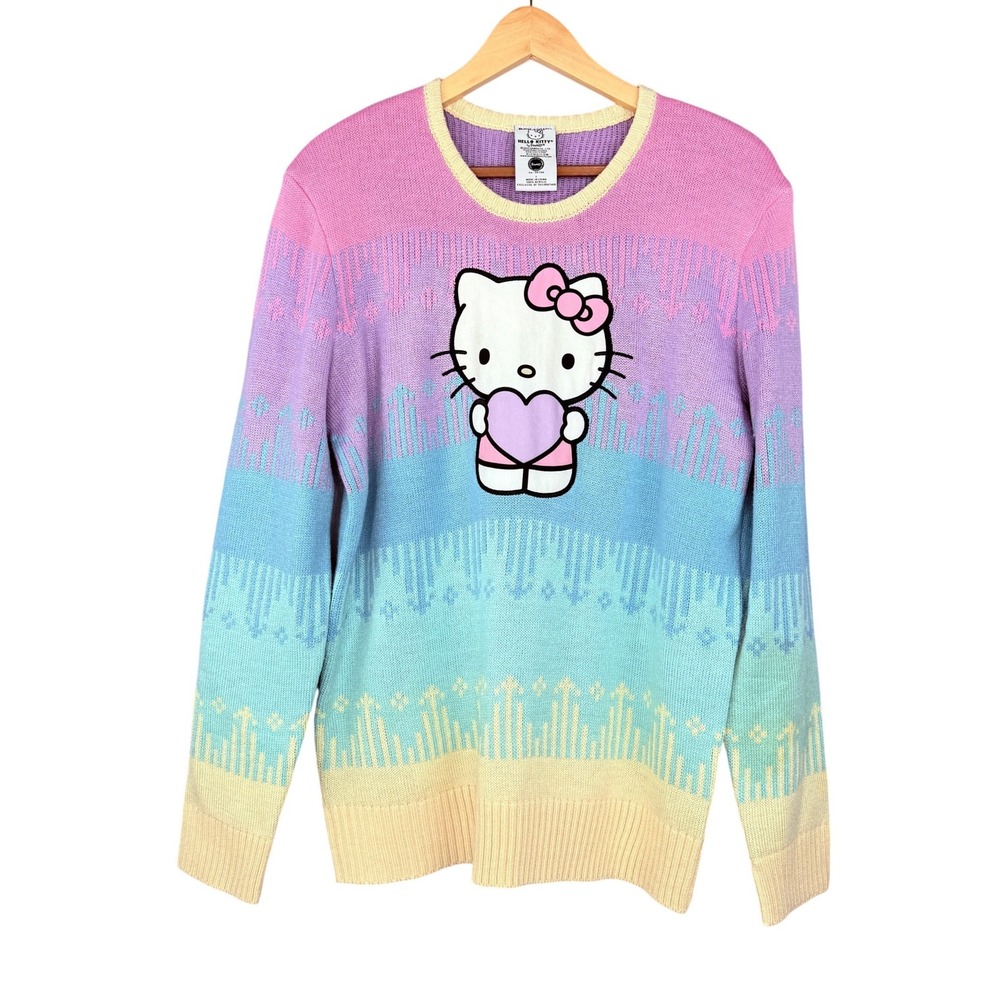 Box Lunch Hello Kitty Sweater Womens L Pastel Rainbow Ombre Heart Knit Sanrio